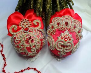 Handmade red velvet Christmas ornaments set of 2 with rhinestones and satin bows, festive holiday decoration.