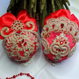 Handmade red velvet Christmas ornaments set of 2 with rhinestones and satin bows, festive holiday decoration.