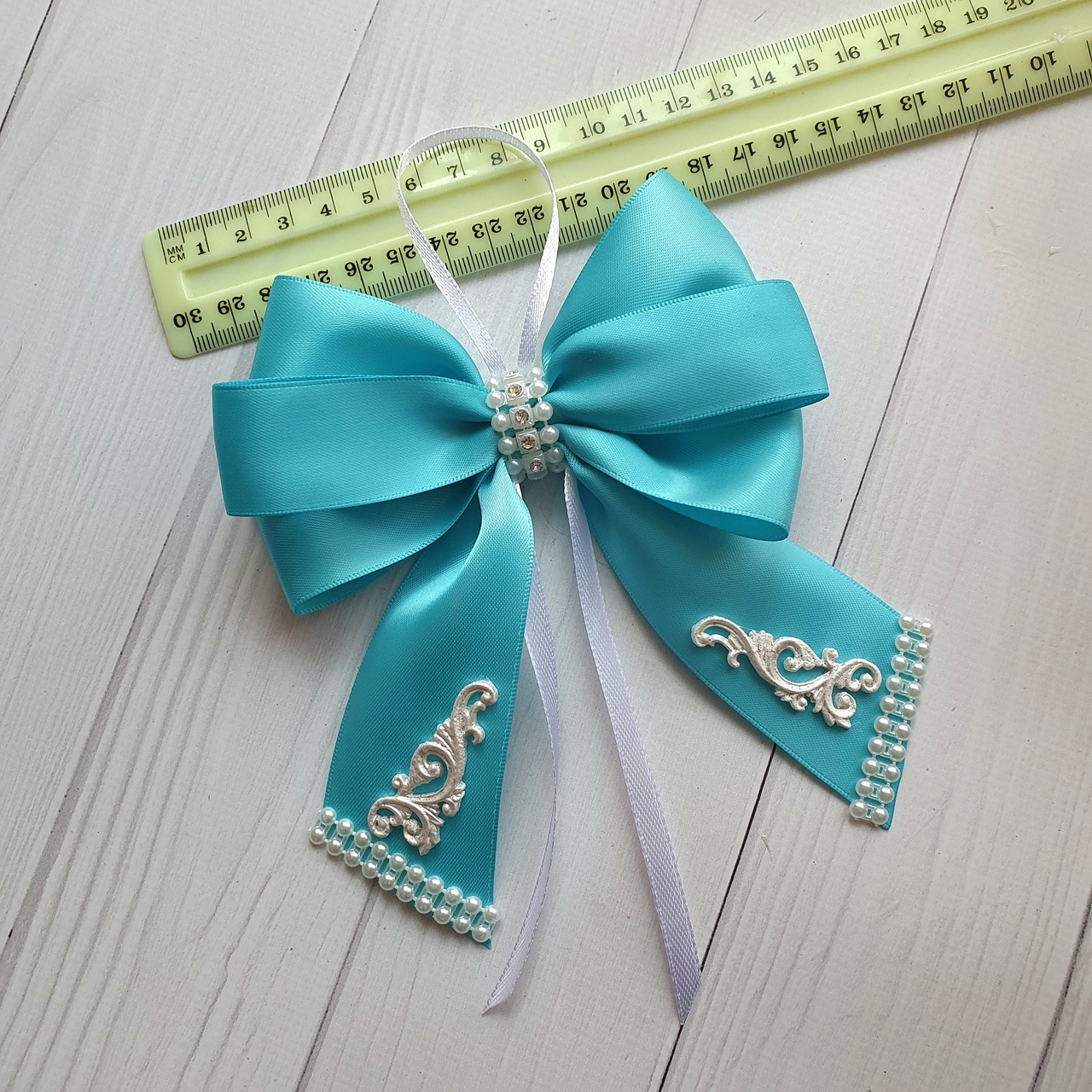Set of 10 Handmade Turquoise Silk Christmas Bows - Image 4