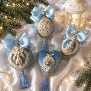 Handmade light blue velvet Christmas ornament set with 4 unique velvet ornaments decorated with satin ribbons and gemstones