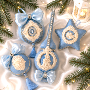 Luxury light blue velvet Christmas ornaments set with 4 handmade baubles decorated with satin bows and rhinestone