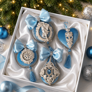 Handmade Light Blue Velvet Christmas Bauble Set of 4 – Heirloom Holiday Tree Decorations