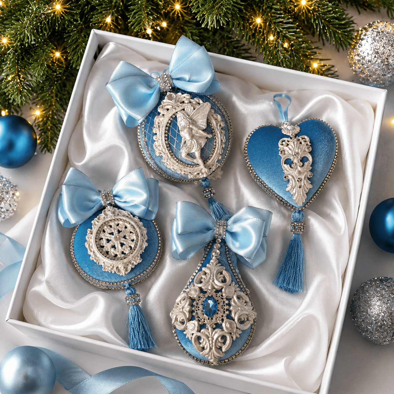 Handmade Light Blue Velvet Christmas Bauble Set of 4 – Heirloom Holiday Tree Decorations
