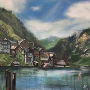 Hallstatt original acrylic painting 40x40 cm, alpine village by the lake with mountains, soft natural light, 2020