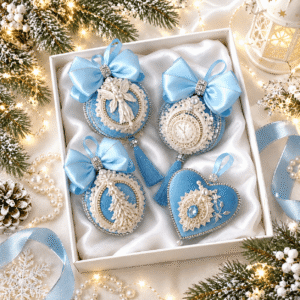 Handmade light blue velvet Christmas ornament set with 4 unique velvet ornaments decorated with satin ribbons and gemstones