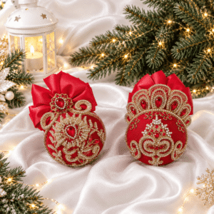 Handmade red velvet Christmas ornaments set of 2 with rhinestones, stones and satin bows