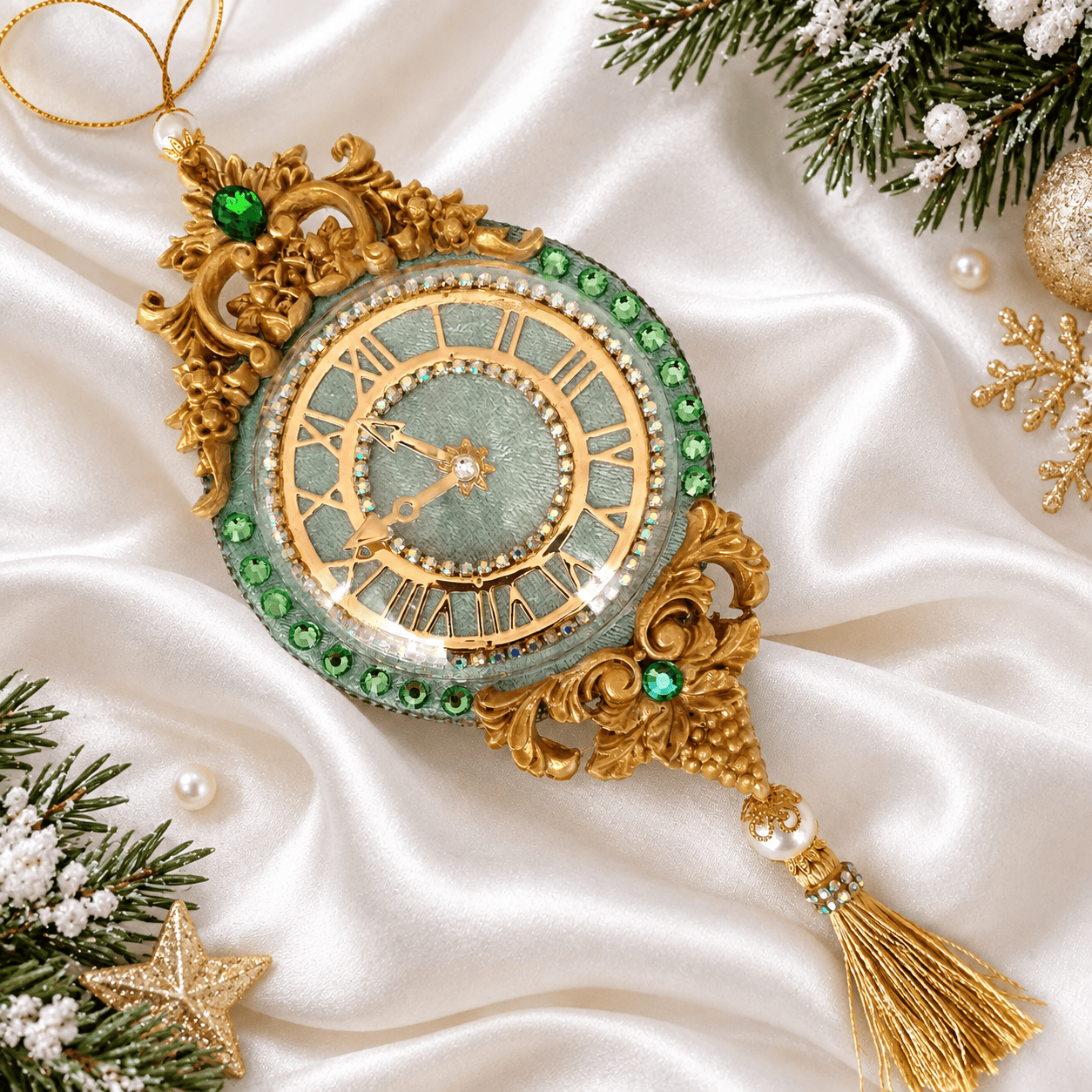 Mint green velvet Christmas clock ornament with gold detailing, rhinestones, and golden tassel