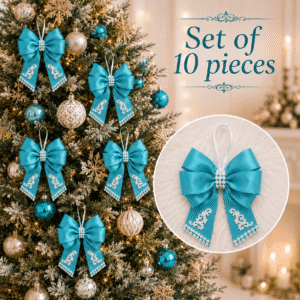 Set of 10 handmade turquoise silk Christmas bows with vintage accents in a gift box