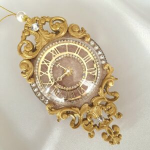Handmade beige velvet clock ornament with rhinestones for cozy Christmas décor