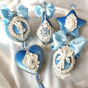 Handmade blue velvet Christmas ornament set with 5 unique velvet ornaments decorated with clay lace and rhinestones