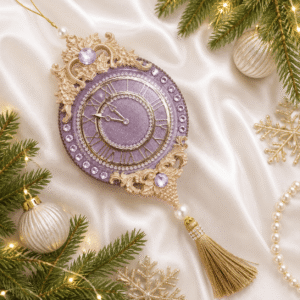 Exclusive handmade lilac Christmas clock ornament decorated with rhinestones and tassels