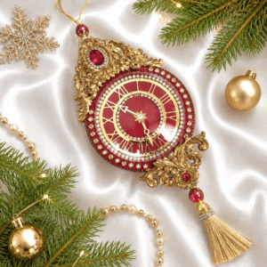 Handcrafted vintage red velvet Christmas clock ornament decorated with rhinestones and tassel