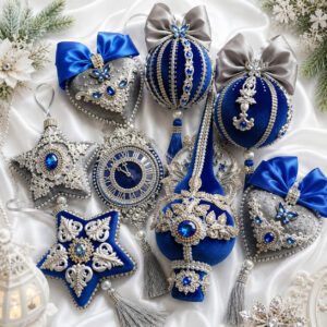 Handmade Christmas ornaments set with blue and gray velvet finishes, featuring hearts, stars, and classic ball shapes, accented by a lace-patterned tree topper. Durable, shatterproof, and designed by a Ukrainian artisan for elegant holiday decor.