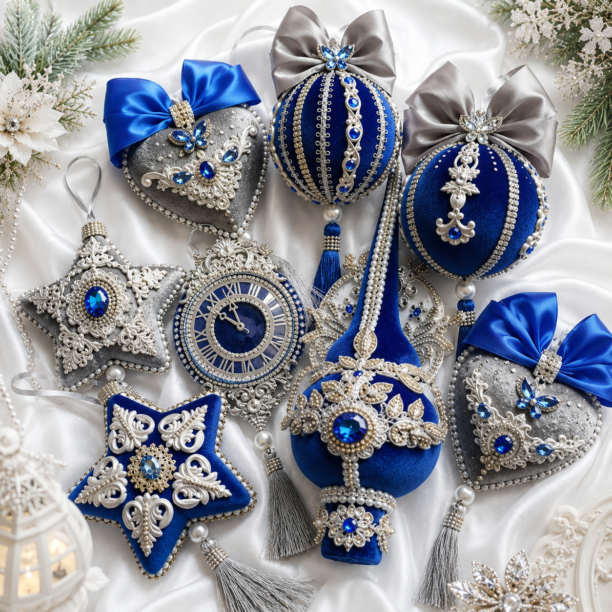Handmade Christmas ornaments set with blue and gray velvet finishes, featuring hearts, stars, and classic ball shapes, accented by a lace-patterned tree topper. Durable, shatterproof, and designed by a Ukrainian artisan for elegant holiday decor.