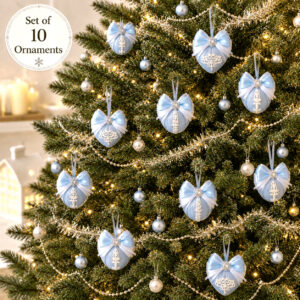 Handmade blue silk Christmas ornaments set of 10 with round and heart-shaped baubles