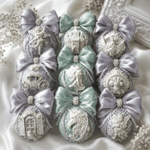 Handmade velvet Christmas ornaments set in beige, silver, and mint. Unique festive designs, lightweight and durable, perfect for holiday decor or gifting.