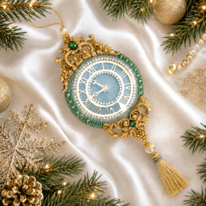 Mint green velvet Christmas clock ornament with gold detailing, rhinestones, and golden tassel