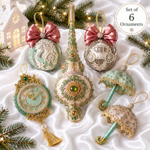Handmade mint and beige Christmas ornaments set with velvet baubles, unicorn design, clock ornament, umbrellas, and tree topper