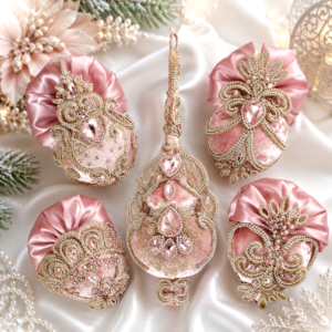 Pink velvet Christmas ornaments set with topper, handmade baubles and hearts decorated with rhinestones and silk bows