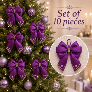 Set of 10 purple silk Christmas tree bows with rhinestones in a gift box
