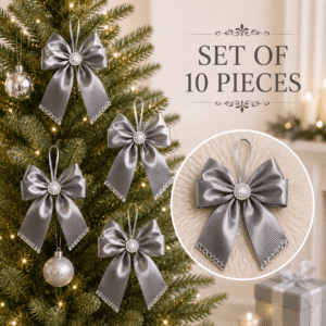 Set of 10 handmade grey silk Christmas bows with elegant shimmer for holiday decorations