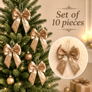 Set of 10 luxury handmade silk Christmas tree bows in champagne and bronze with gold details