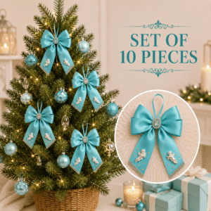 Set of 10 turquoise silk Christmas bows with brooches, angel charms, and rhinestones in a gift box