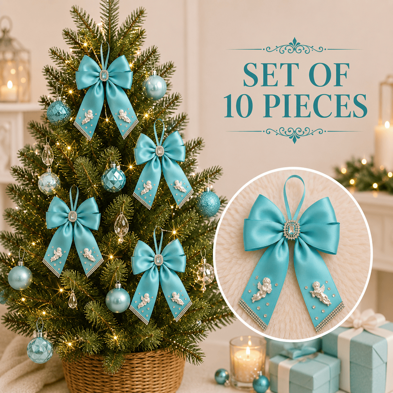 Set of 10 turquoise silk Christmas bows with brooches, angel charms, and rhinestones in a gift box