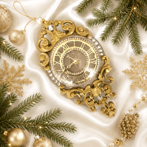 Handmade beige velvet clock ornament with rhinestones for cozy Christmas décor