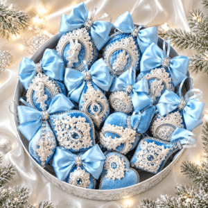 Set of 17 handcrafted blue velvet holiday ornaments including stars, hearts, and balls