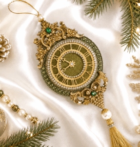 Luxury green velvet Christmas clock ornament with rhinestones, rhinestone chain, and decorative tassel