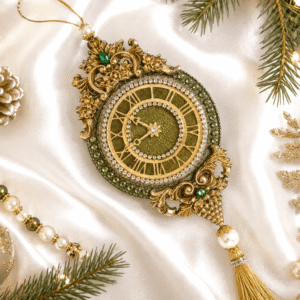 Luxury green velvet Christmas clock ornament with rhinestones, rhinestone chain, and decorative tassel