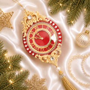 Exclusive handmade red Christmas tree clock ornament decorated with rhinestones and tassels