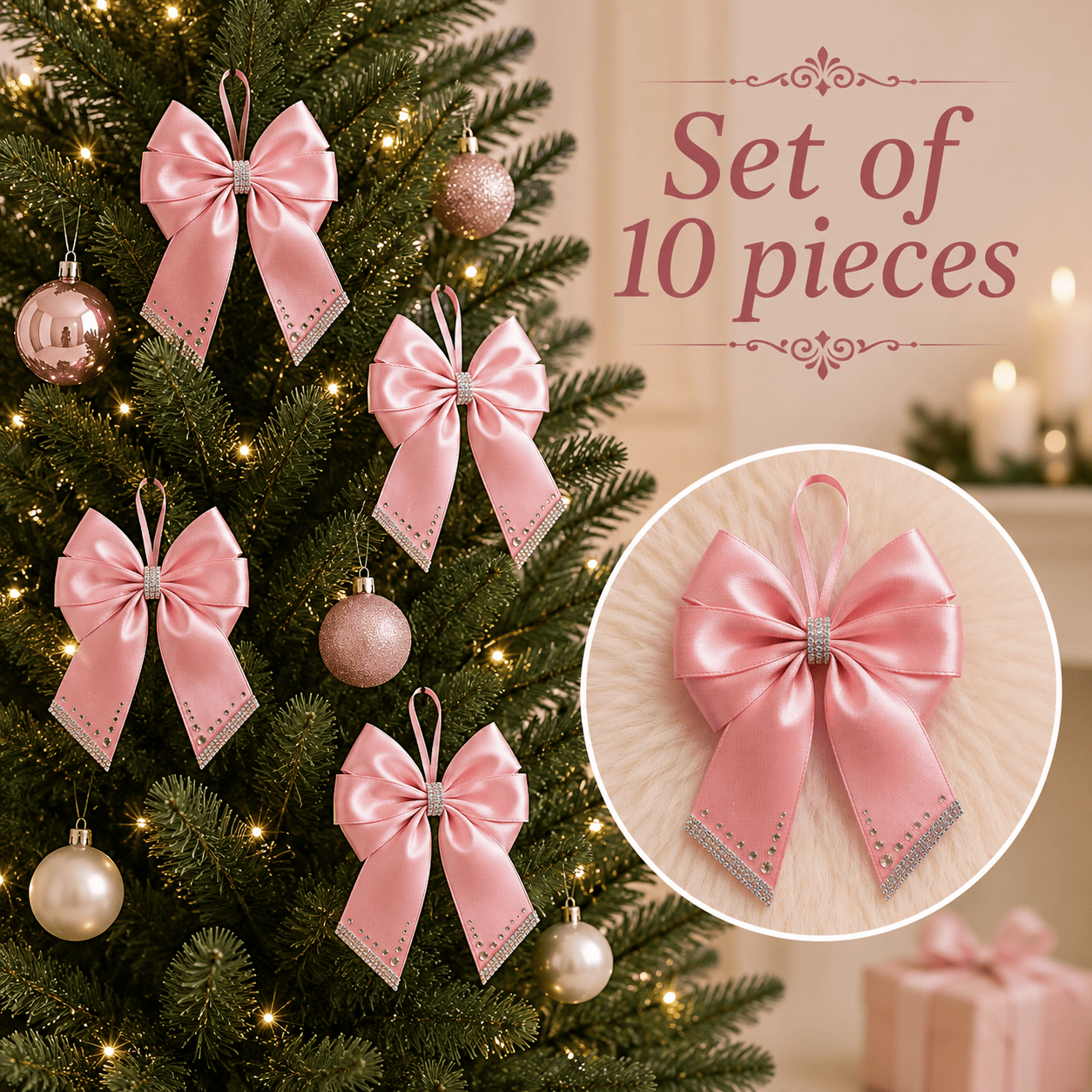 Set of 10 luxury handmade silk Christmas tree bows in champagne and bronze with gold details