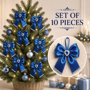 Set of 10 handmade blue silk Christmas bows with elegant shimmer for holiday decorations
