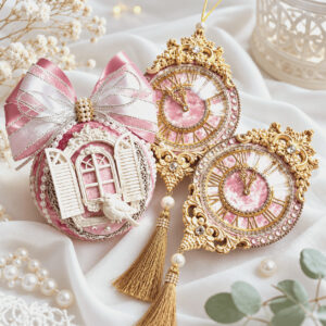 Pink velvet Christmas ball and clock ornaments from Pink Velvet Christmas Ornament Set with sculpted details and rhinestones