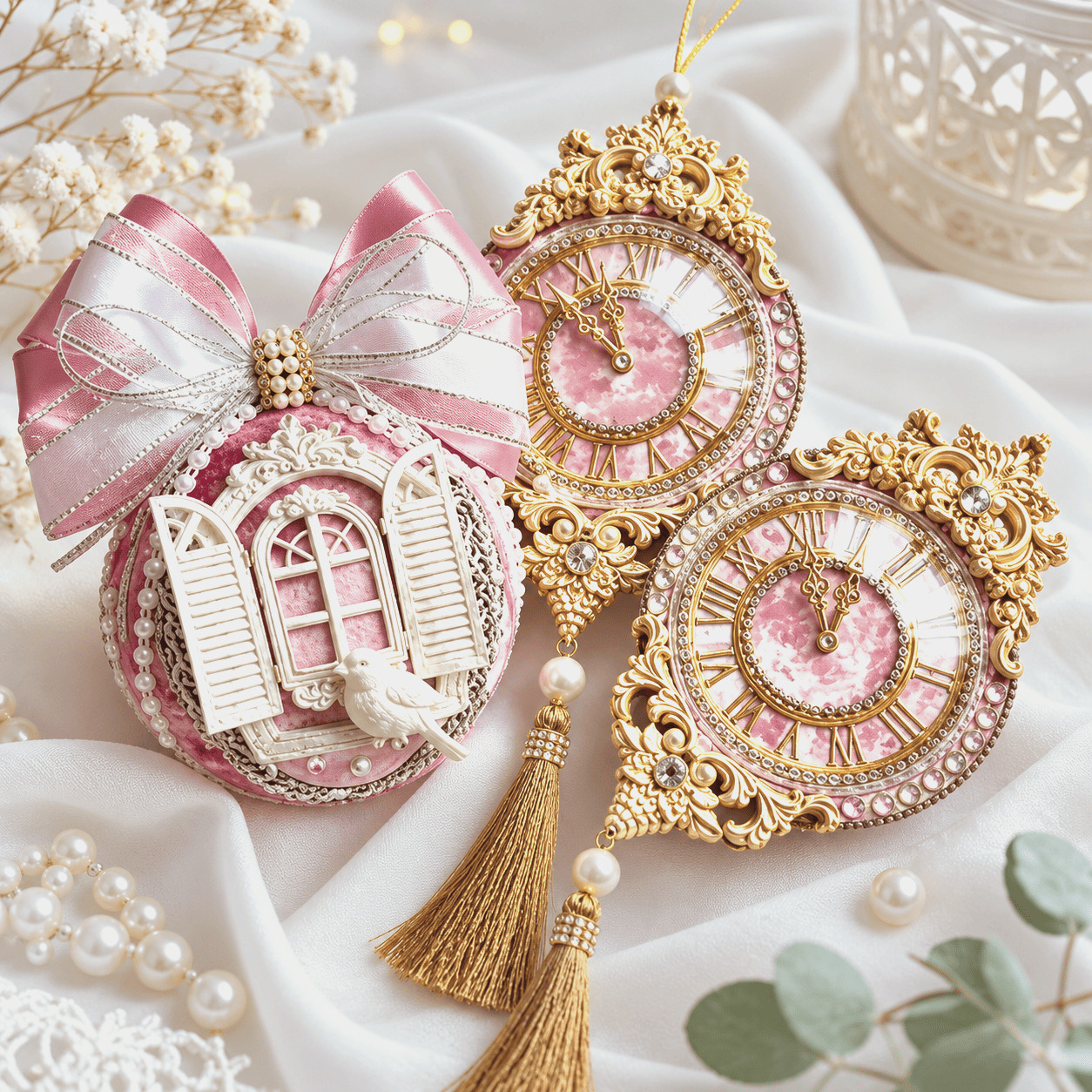Pink velvet Christmas ball and clock ornaments from Pink Velvet Christmas Ornament Set with sculpted details and rhinestones