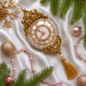 Exclusive handmade pink Christmas tree clock ornament decorated with rhinestones and tassels