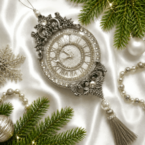Luxury silver velvet Christmas clock ornament decorated with rhinestones, rhinestone chain, and tassel