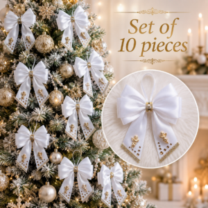 Set of 10 white handmade Christmas bows with gold angels and rhinestones