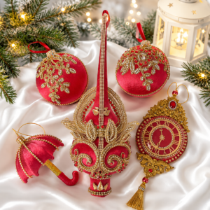 Handmade red velvet Oriental Christmas ornaments set with rhinestones, tree topper, decorative clock, and velvet baubles