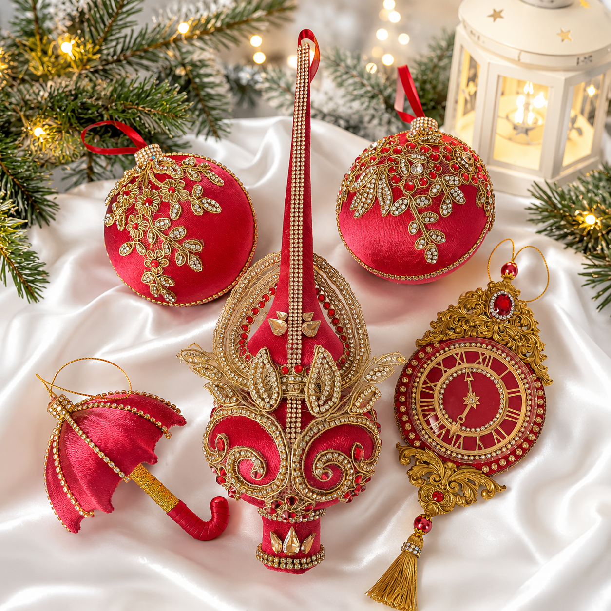 Handmade red velvet Oriental Christmas ornaments set with rhinestones, tree topper, decorative clock, and velvet baubles