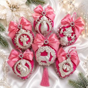 Pink velvet Christmas ornaments set of 6 pcs with handmade balls and heart decorations in a gift box