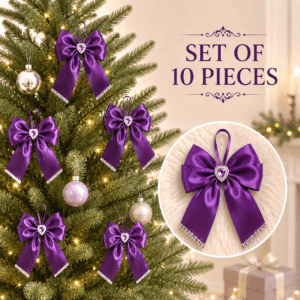 Set of 10 handmade violet silk Christmas bows with elegant shimmer for holiday decorations