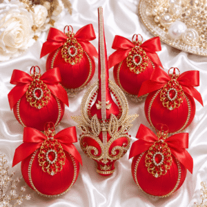 Handmade red Christmas ornaments set with six silk-covered baubles and a velvet tree topper. Durable plastic base with sparkling details. Perfect for elegant holiday décor. Comes gift boxed.