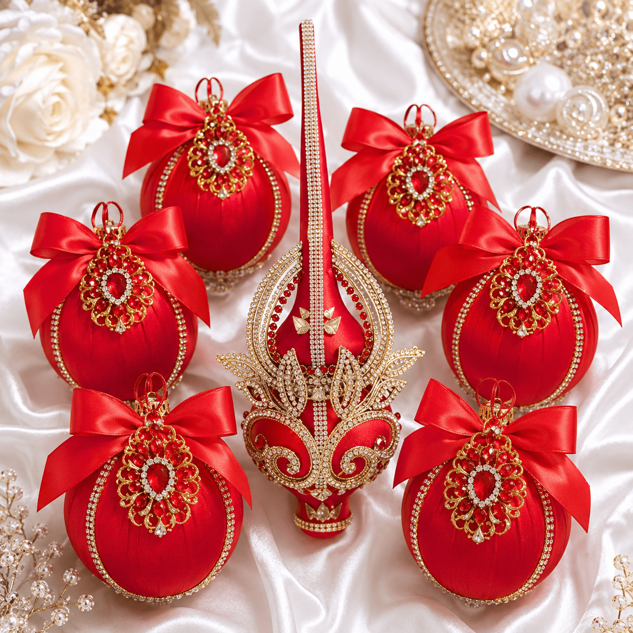 Handmade red Christmas ornaments set with six silk-covered baubles and a velvet tree topper. Durable plastic base with sparkling details. Perfect for elegant holiday décor. Comes gift boxed.
