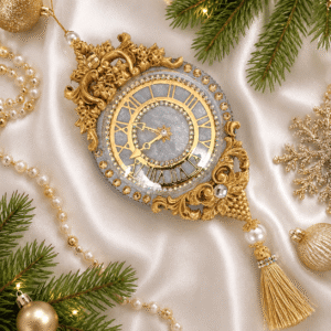 Vintage sky blue velvet Christmas clock ornament with rhinestones, rhinestone chain, and decorative tassel
