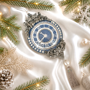 Luxury light blue velvet Christmas clock ornament with rhinestones, rhinestone chain, and decorative tassel