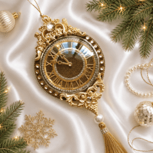 Exclusive handmade green Christmas clock ornament decorated with rhinestones and tassels