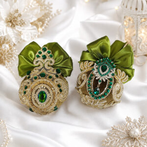 Handmade green velvet Christmas ornaments with satin bows and rhinestones, elegant holiday tree decorations